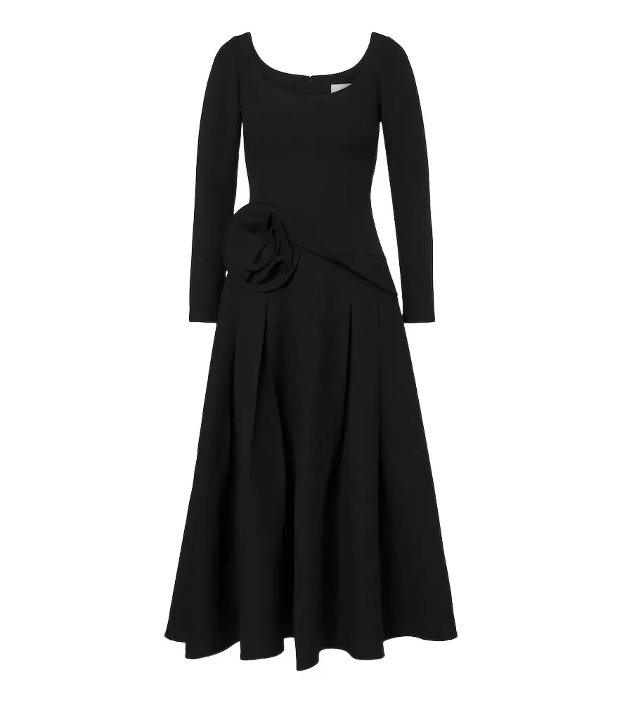 Floral-appliqué wool and silk midi dress Floral-appliqué wool and silk midi dress
