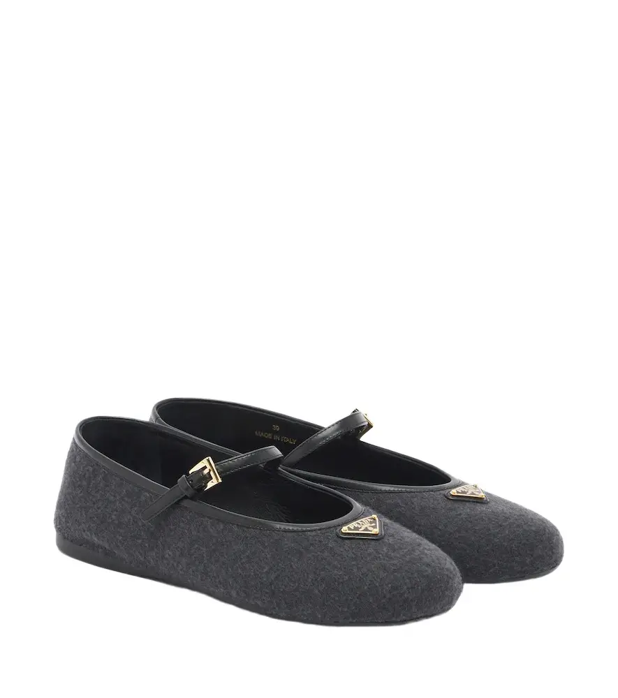 Leather-trimmed cashmere Mary Jane flats