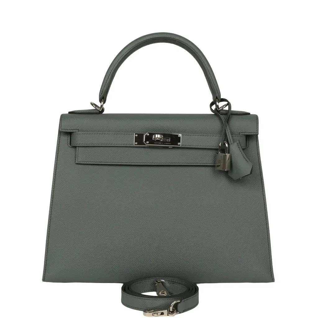 Pre-owned Hermes Kelly Sellier 28 Vert Amande Epsom Palladium Hardware Pre-owned Hermes Kelly Sellier 28 Vert Amande Epsom Palladium Hardware