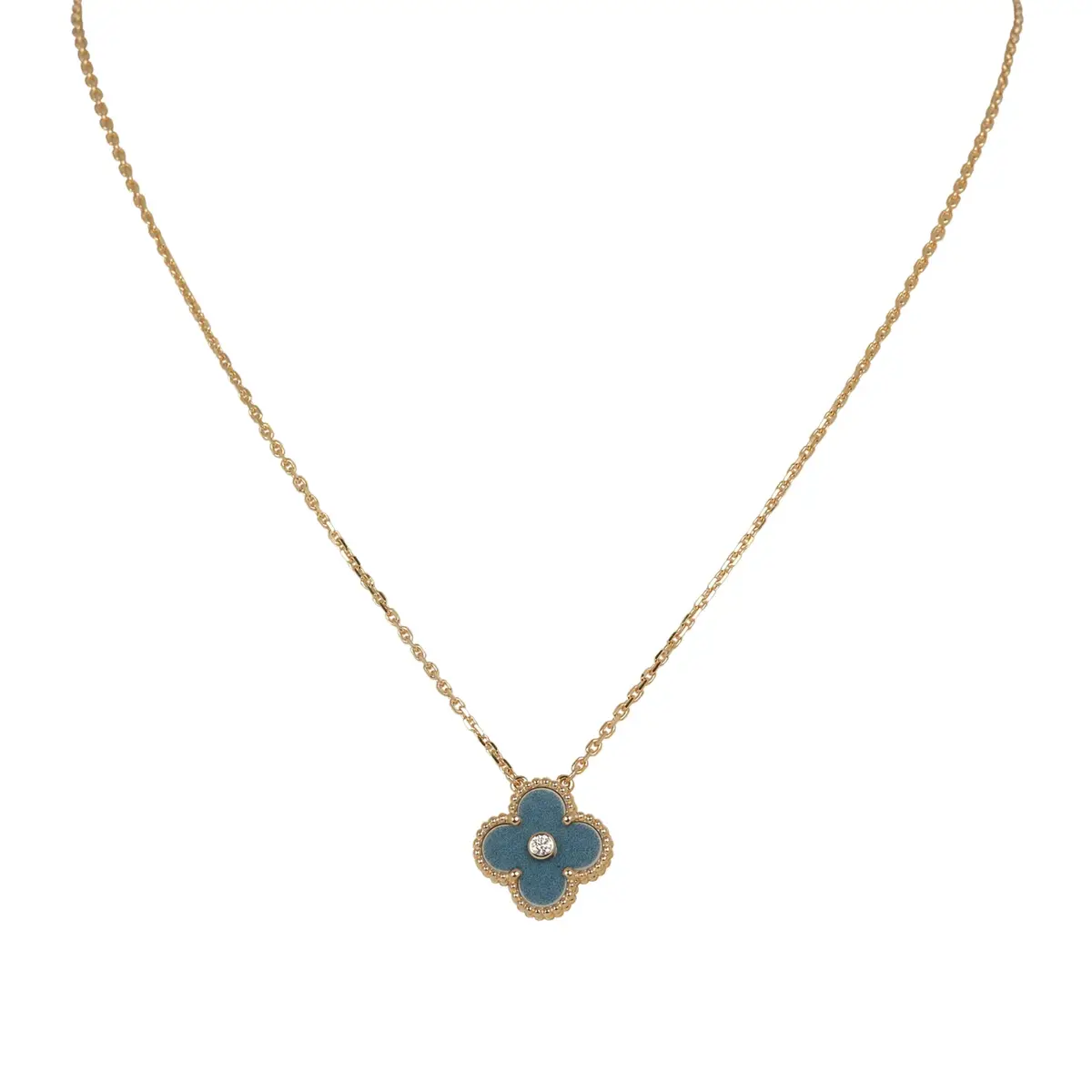 Van Cleef & Arpels 2026 Holiday Vintage Alhambra Pendant Necklace Blue Grey Sevres Porcelain 18K Yellow Gold & Diamonds Van Cleef & Arpels 2026 Holiday Vintage Alhambra Pendant Necklace Blue Grey Sevres Porcelain 18K Yellow Gold & Diamonds
