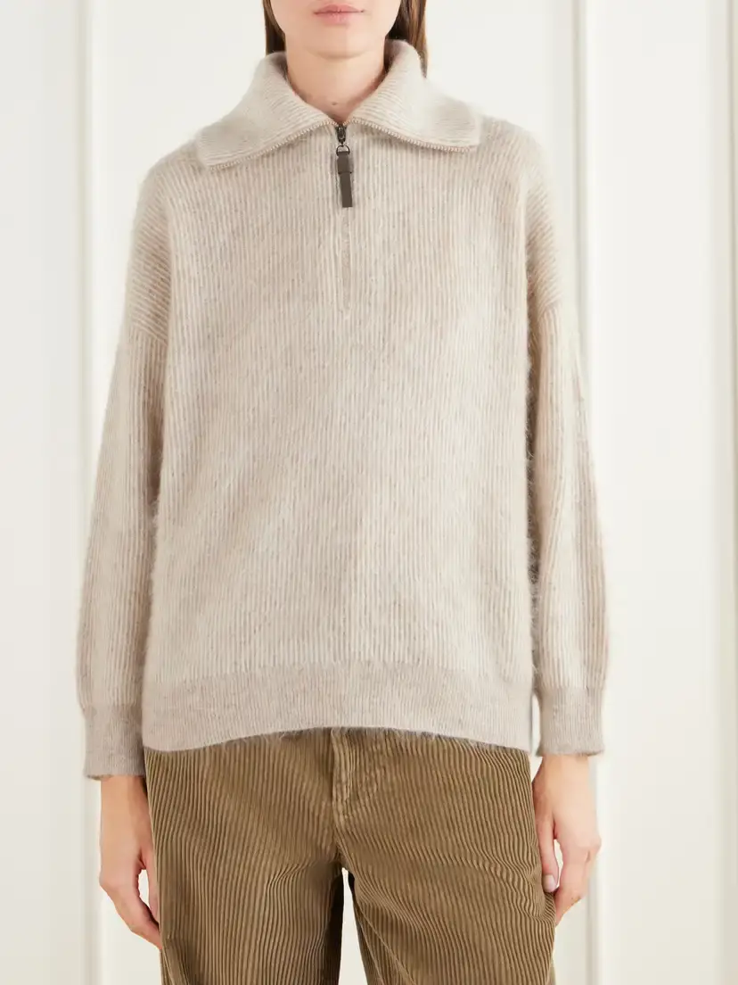 Brunello Cucinelli Ribbed Brushed Mohair-blend Half-zip Sweater | Thumbnail 3