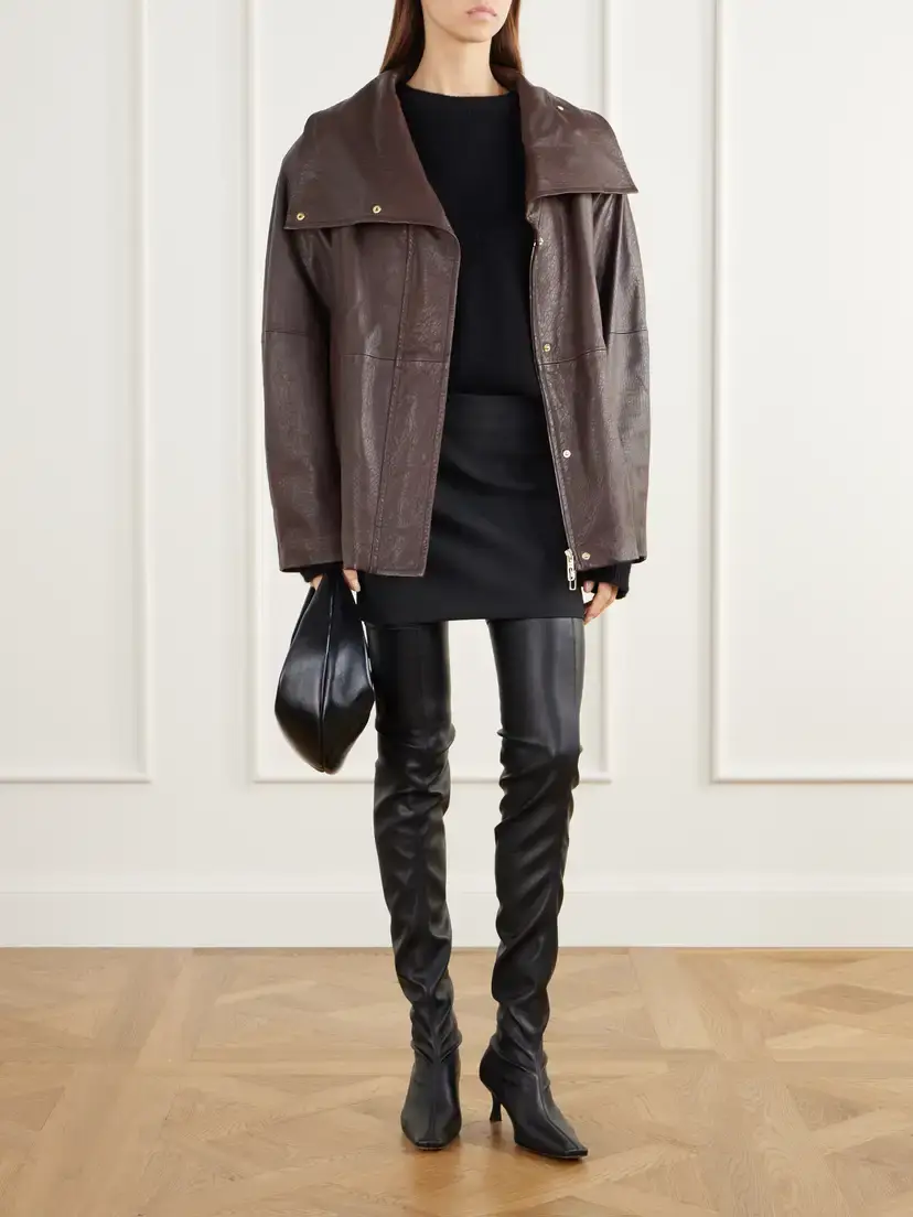 Sportmax Salaggio Funnel-neck Paneled Hammered And Glossed Leather Jacket | Thumbnail 2