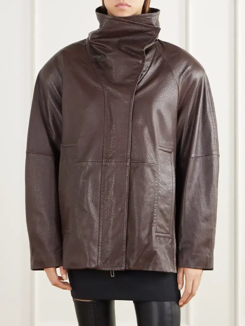Sportmax Salaggio Funnel-neck Paneled Hammered And Glossed Leather Jacket | Thumbnail 3