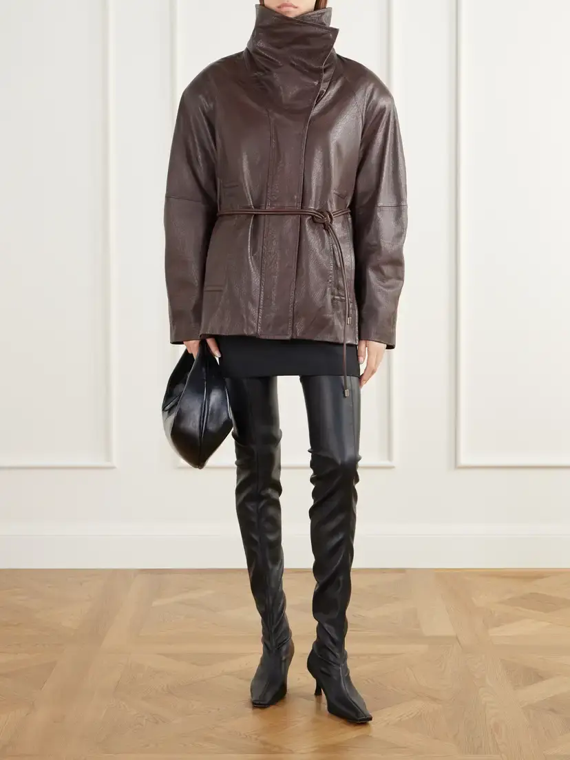 Sportmax Salaggio Funnel-neck Paneled Hammered And Glossed Leather Jacket | Thumbnail 5