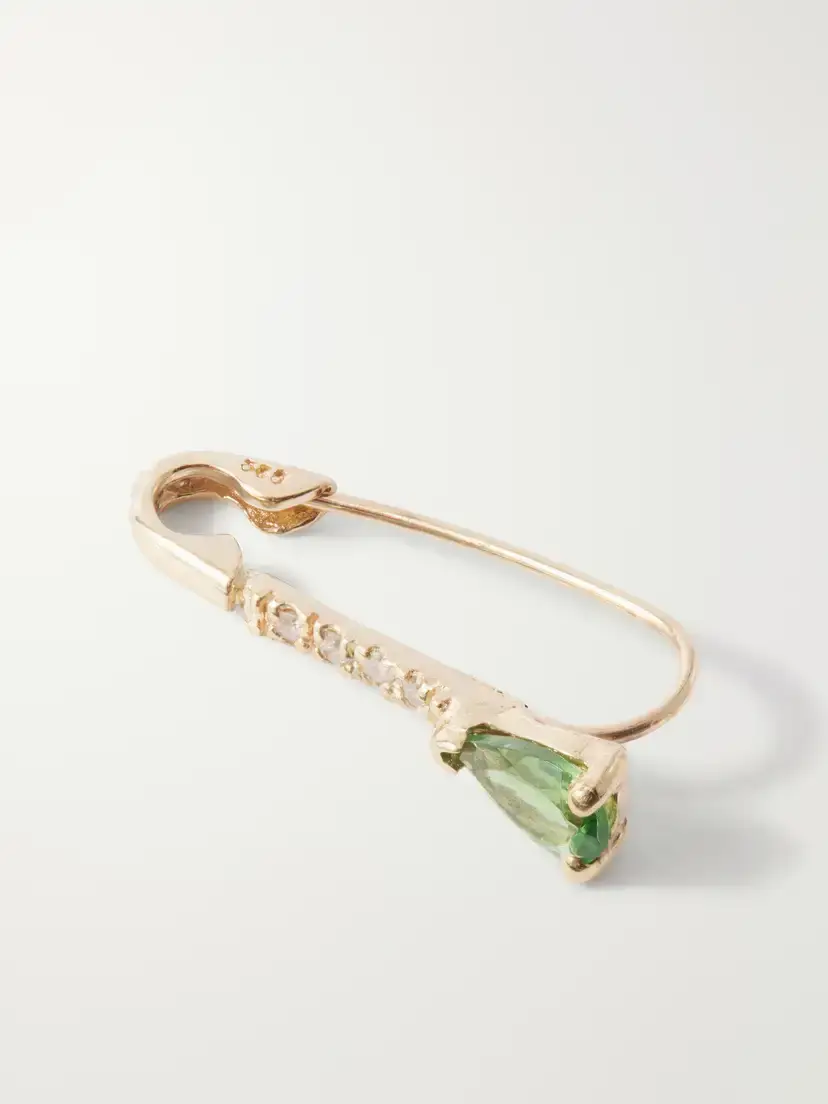 Loren Stewart Mini Gemstone Diamond Safety Pin 14-karat Gold Tsavorite And Diamonds Earring - Green | Thumbnail 3