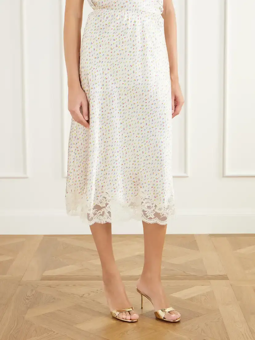 Rabanne Floral-print Lace-trimmed Silk-satin Midi Skirt | Thumbnail 3 Rabanne Floral-print Lace-trimmed Silk-satin Midi Skirt | Thumbnail 3