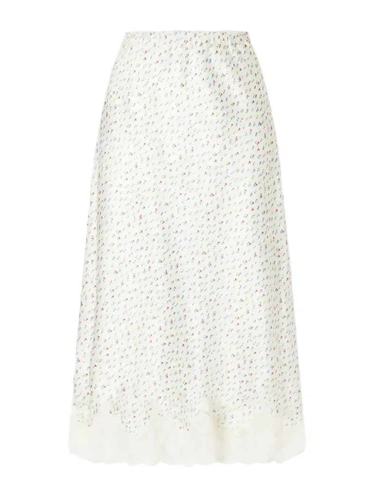 Floral-print Lace-trimmed Silk-satin Midi Skirt Floral-print Lace-trimmed Silk-satin Midi Skirt