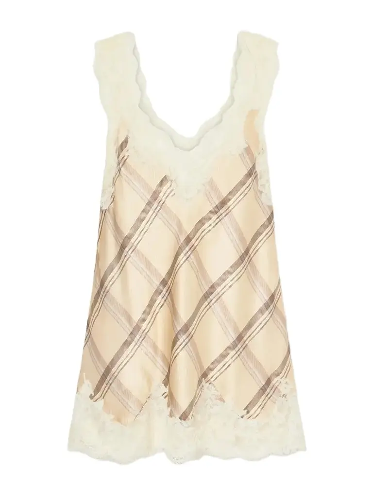 Checked Lace-trimmed Silk-satin Cami Checked Lace-trimmed Silk-satin Cami