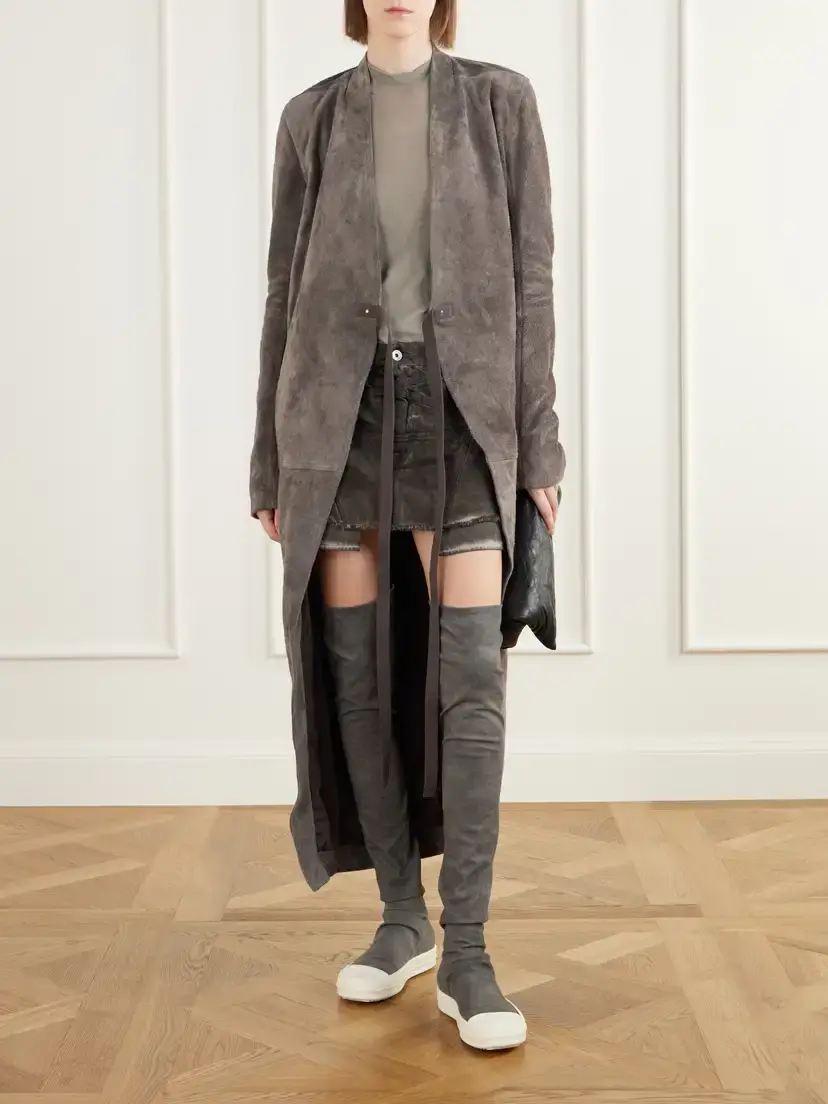Rick Owens Belted Paneled Suede Wrap Coat | Thumbnail 2