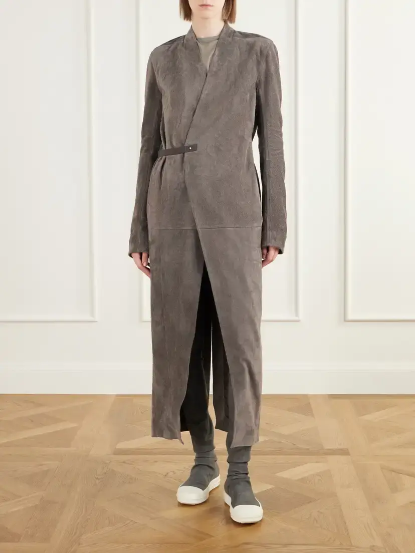 Rick Owens Belted Paneled Suede Wrap Coat | Thumbnail 3
