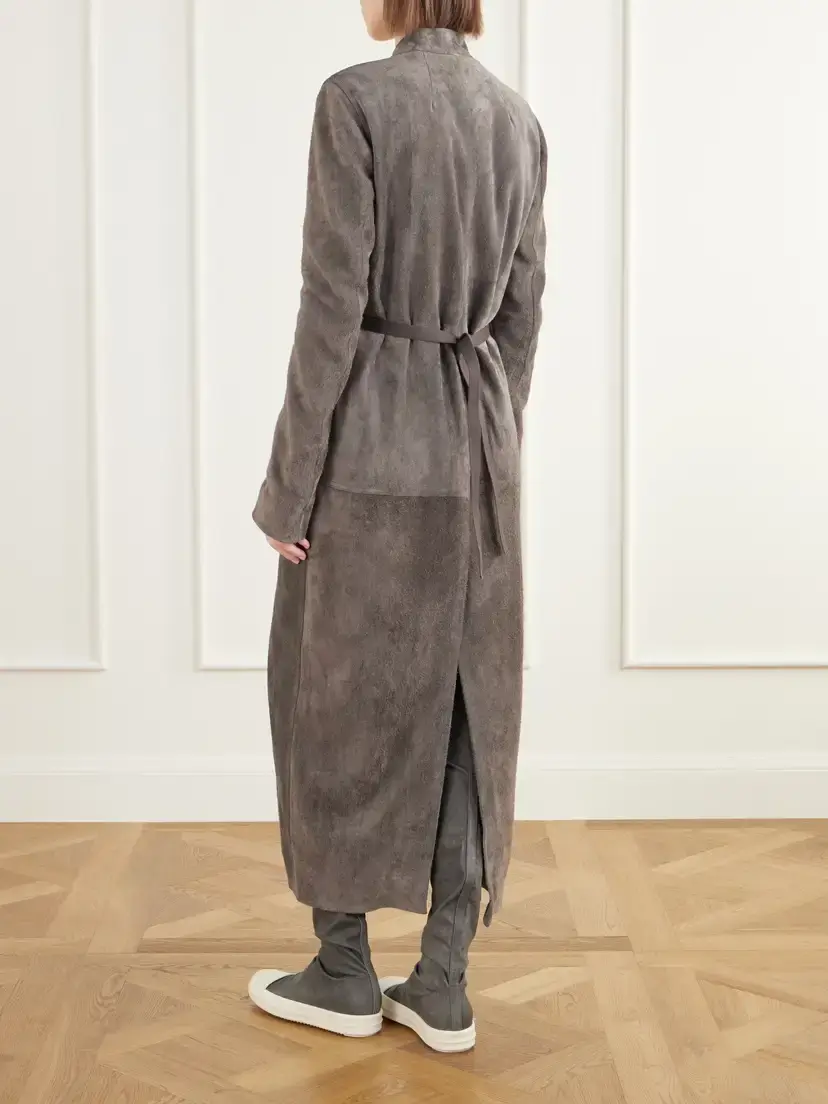 Rick Owens Belted Paneled Suede Wrap Coat | Thumbnail 4