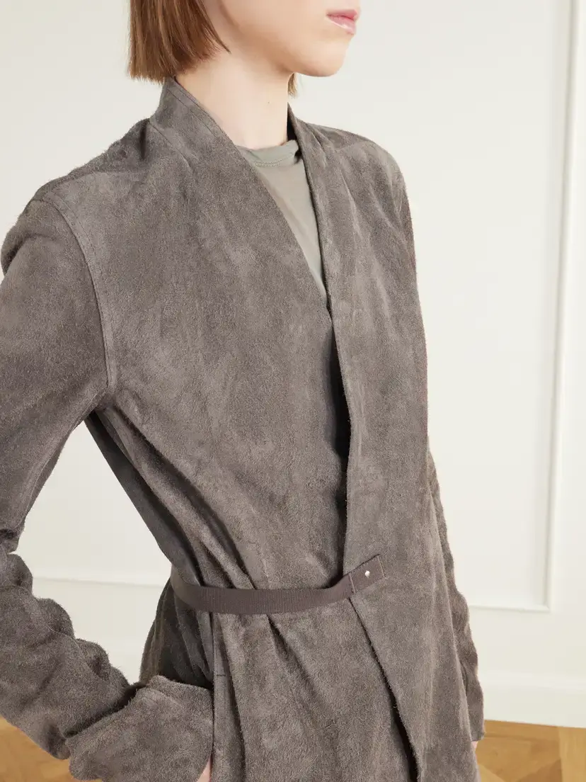Rick Owens Belted Paneled Suede Wrap Coat | Thumbnail 5