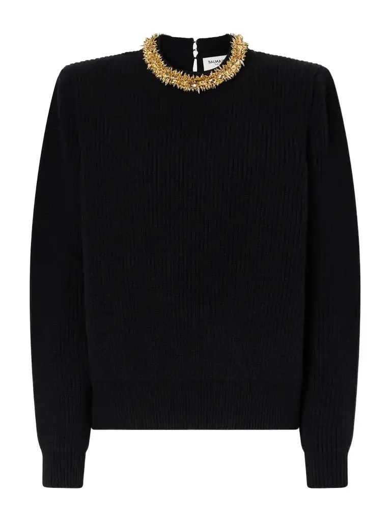Balmain Embellished Ribbed Wool And Cashmere-blend Sweater - Black