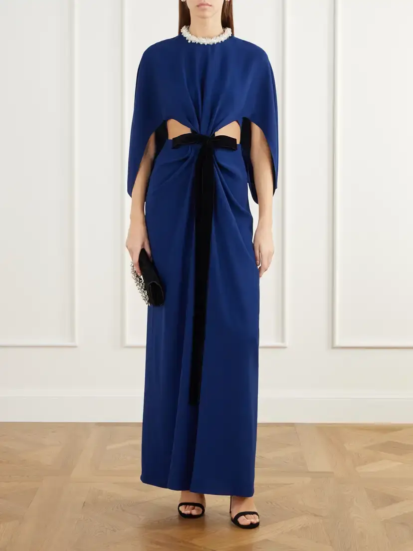 Simkhai Annette Cape-effect Bead-embellished Gathered Velvet-trimmed Crepe Gown | Thumbnail 2 Simkhai Annette Cape-effect Bead-embellished Gathered Velvet-trimmed Crepe Gown | Thumbnail 2