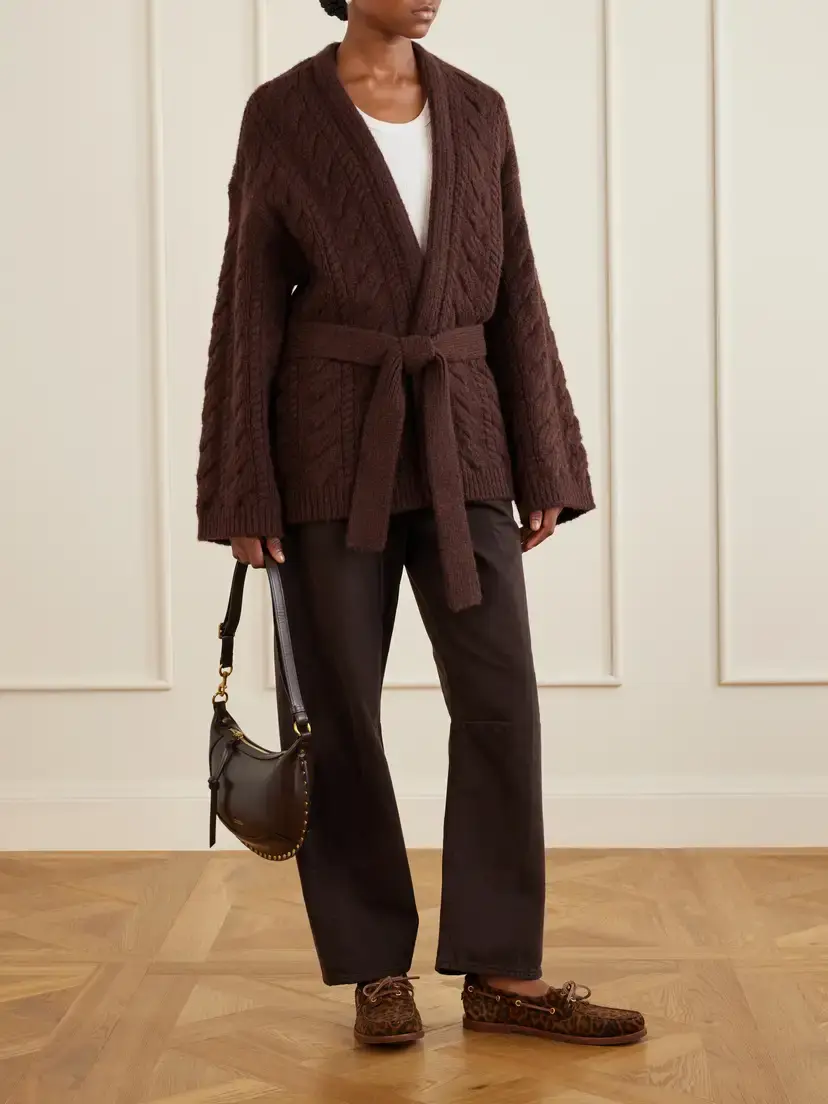 DÔEN Alpine Belted Cable-knit Wool And Cashmere-blend Cardigan - Burgundy | Thumbnail 2 DÔEN Alpine Belted Cable-knit Wool And Cashmere-blend Cardigan - Burgundy | Thumbnail 2