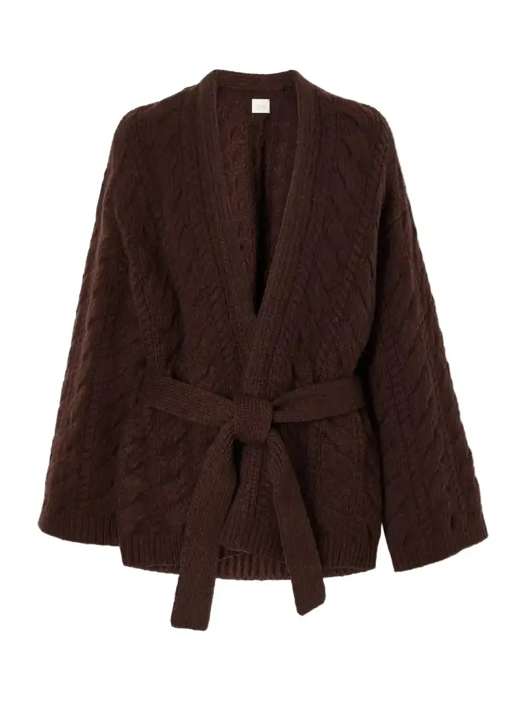 DÔEN Alpine Belted Cable-knit Wool And Cashmere-blend Cardigan - Burgundy