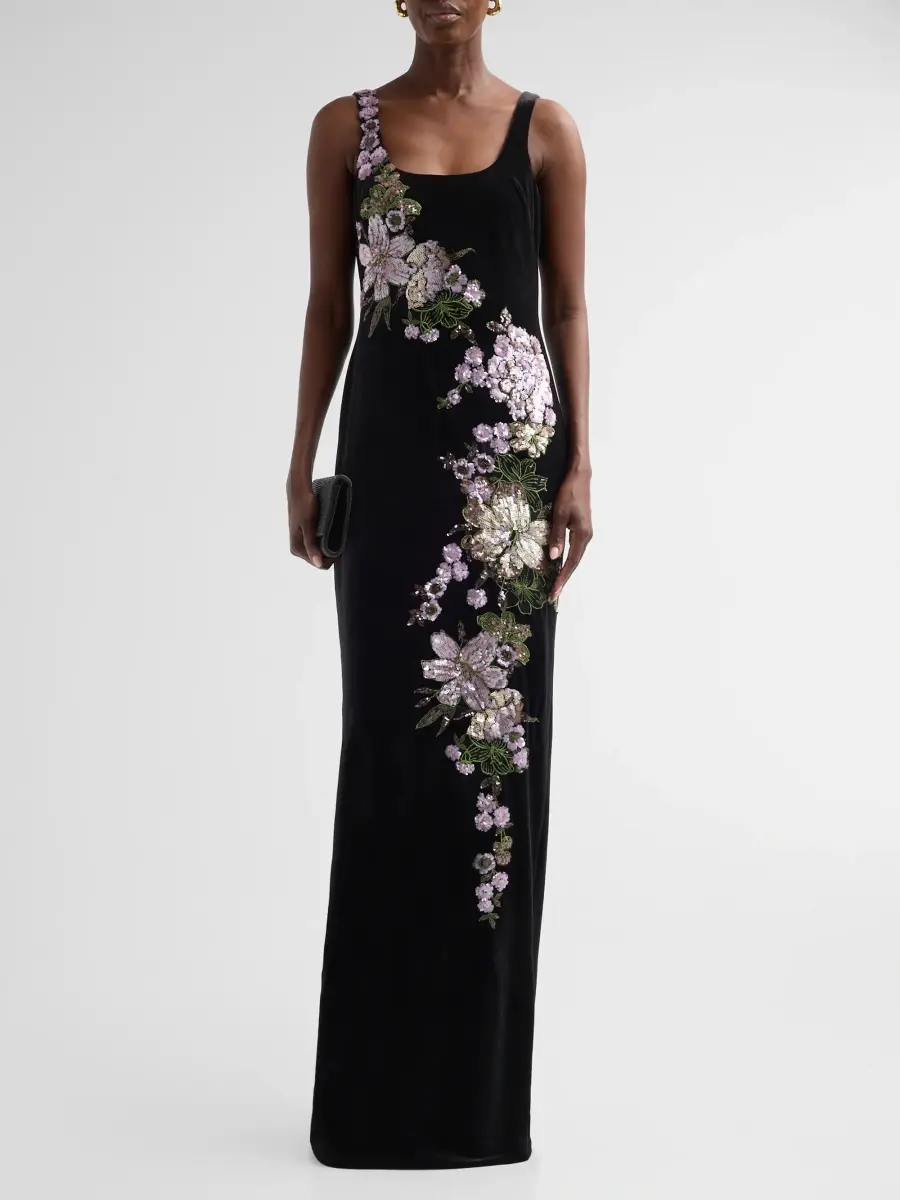 Teri Jon by Rickie Freeman Women's Sequined Floral Velvet Gown | Thumbnail 2 Teri Jon by Rickie Freeman Women's Sequined Floral Velvet Gown | Thumbnail 2