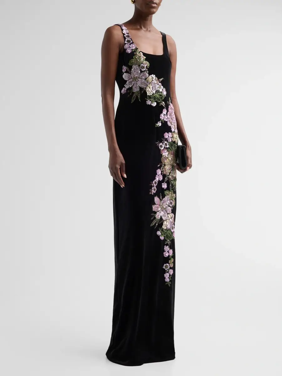 Teri Jon by Rickie Freeman Women's Sequined Floral Velvet Gown | Thumbnail 4 Teri Jon by Rickie Freeman Women's Sequined Floral Velvet Gown | Thumbnail 4