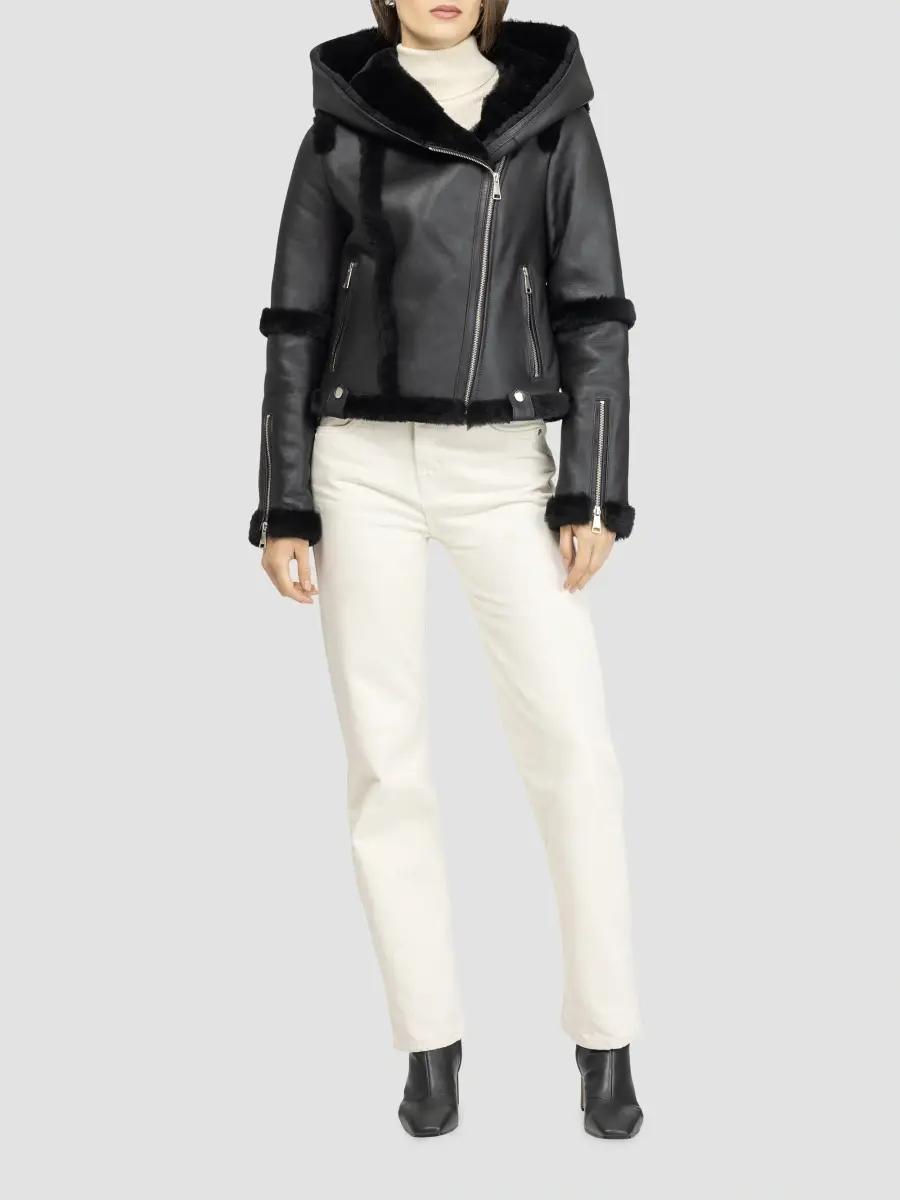 Gorski Women's Select Shearling Lamb Zip Coat with Hood - Black | Thumbnail 2 Gorski Women's Select Shearling Lamb Zip Coat with Hood - Black | Thumbnail 2