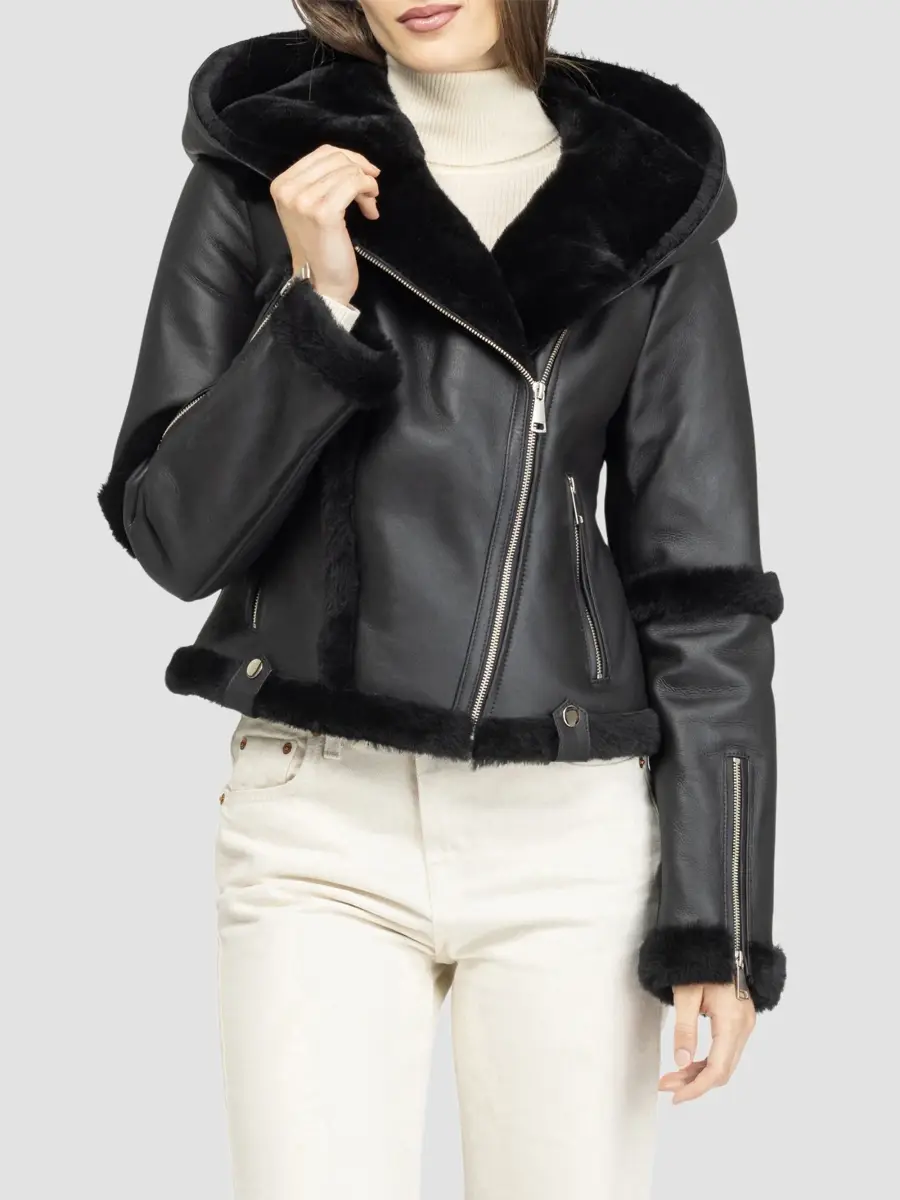 Gorski Women's Select Shearling Lamb Zip Coat with Hood - Black | Thumbnail 3 Gorski Women's Select Shearling Lamb Zip Coat with Hood - Black | Thumbnail 3