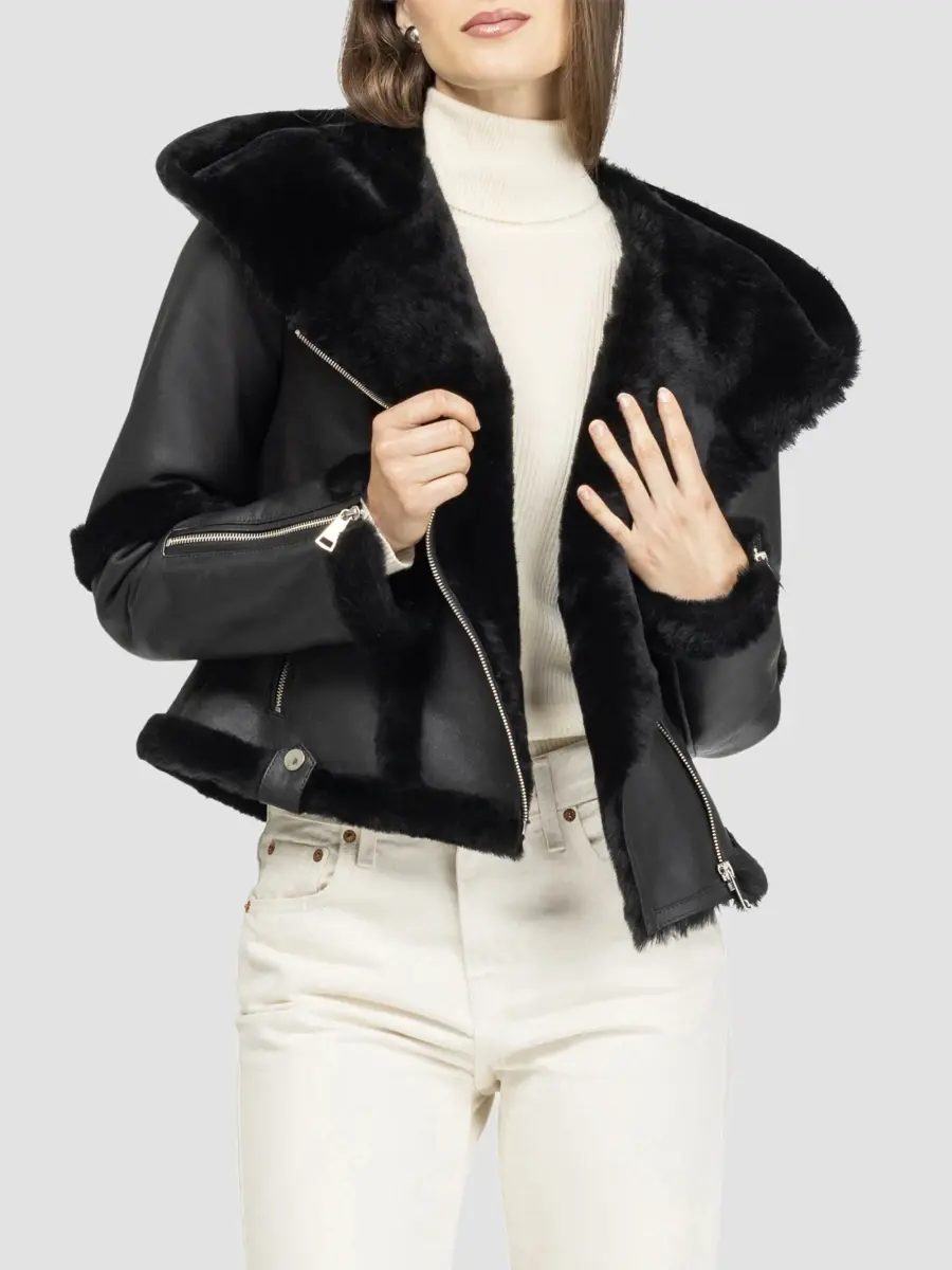 Gorski Women's Select Shearling Lamb Zip Coat with Hood - Black | Thumbnail 4 Gorski Women's Select Shearling Lamb Zip Coat with Hood - Black | Thumbnail 4