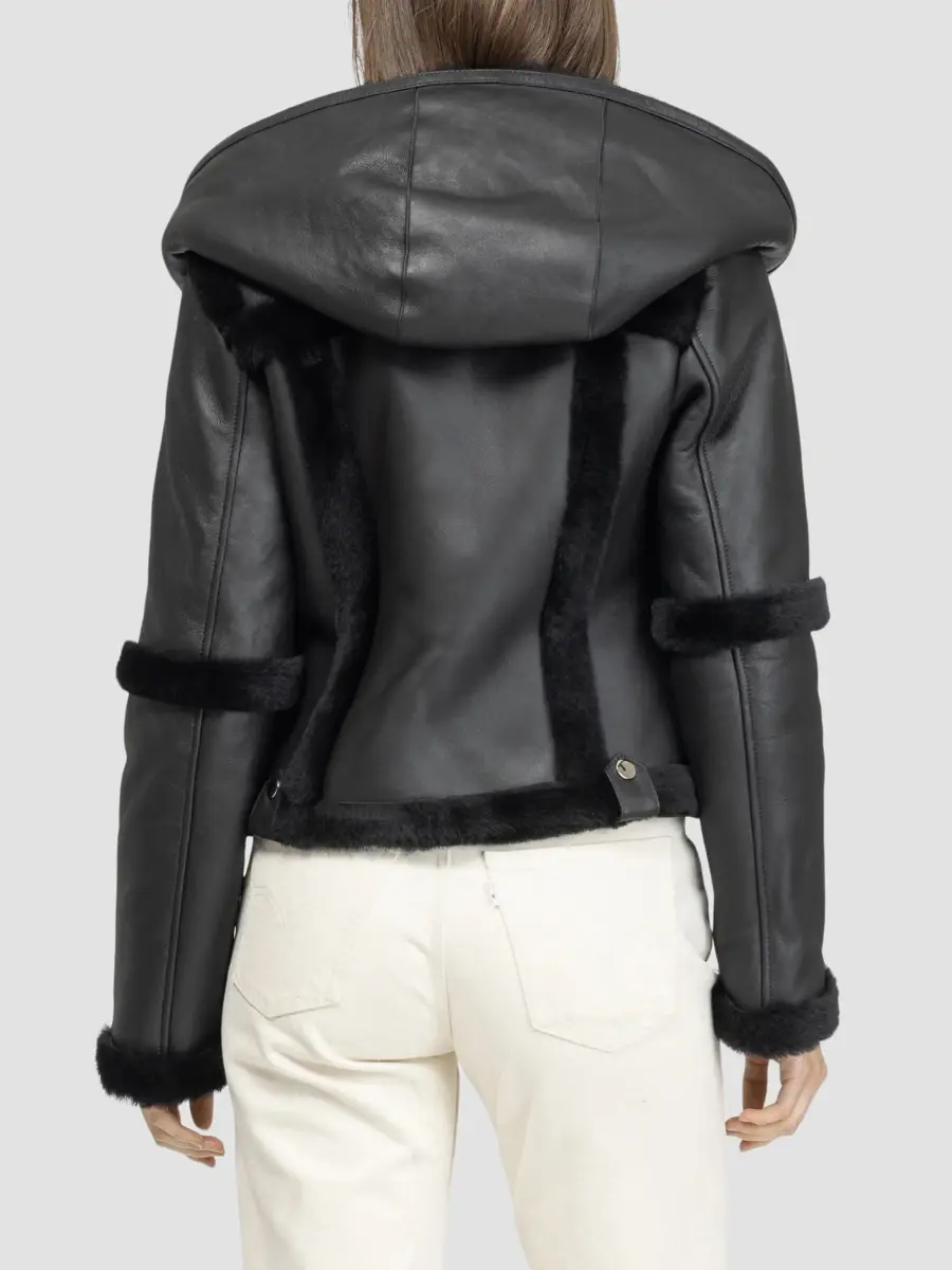 Gorski Women's Select Shearling Lamb Zip Coat with Hood - Black | Thumbnail 5 Gorski Women's Select Shearling Lamb Zip Coat with Hood - Black | Thumbnail 5