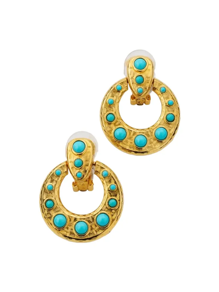 Women's 18K Gold-Plated Turquoise Cabochon Doorknocker Clip-On Earrings