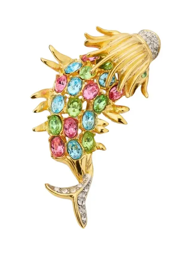 Women's 18K Gold-Plated, Two-Tone Rhinestone & Pastel Stone Fish Brooch Women's 18K Gold-Plated, Two-Tone Rhinestone & Pastel Stone Fish Brooch