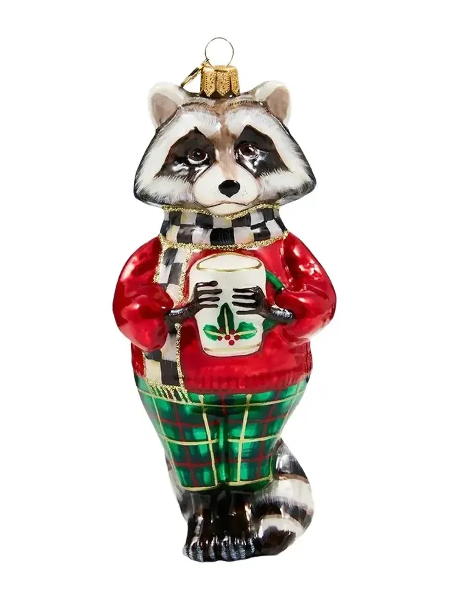 MacKenzie-Childs Merry Christmas Tartan Raccoon Glass Ornament