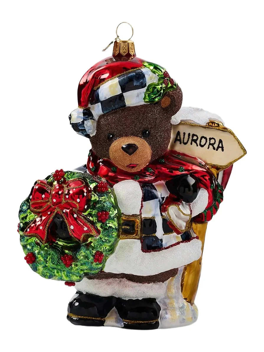 MacKenzie-Childs Merry Christmas Aurora Teddy Bear Glass Ornament
