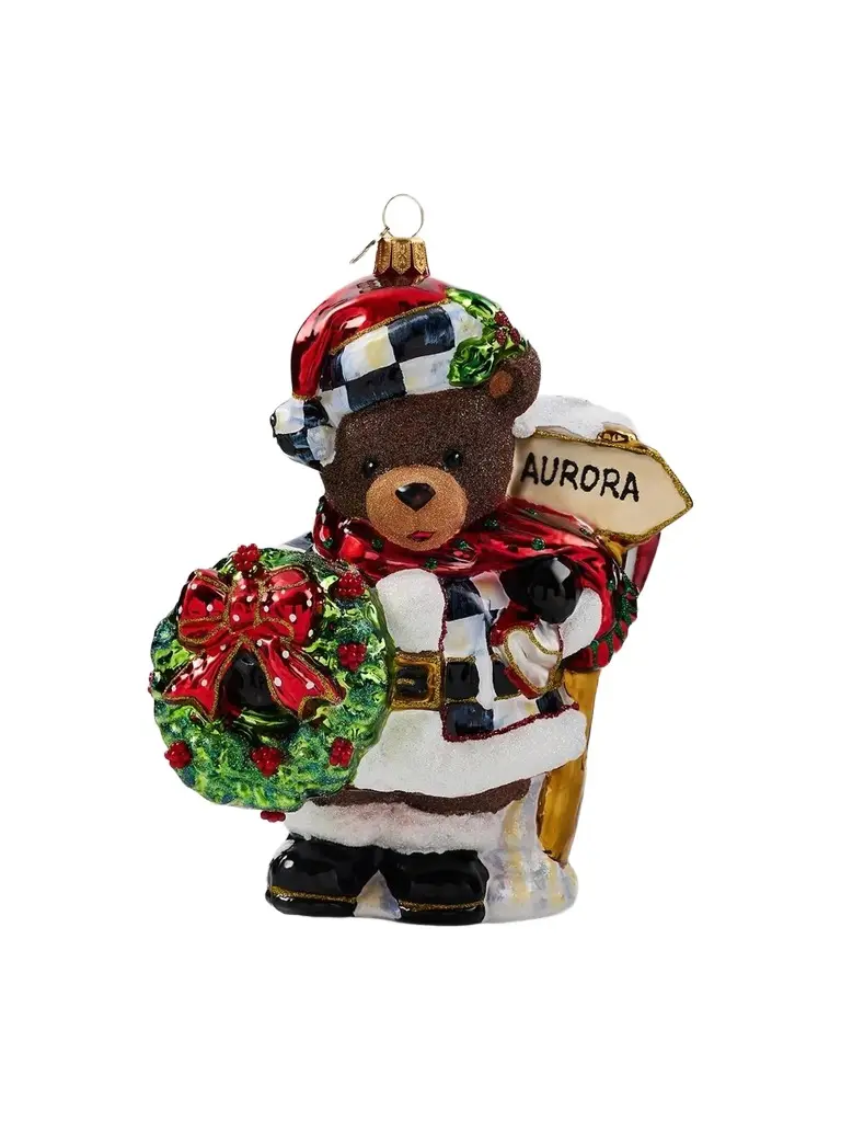 MacKenzie-Childs Merry Christmas Aurora Teddy Bear Glass Ornament