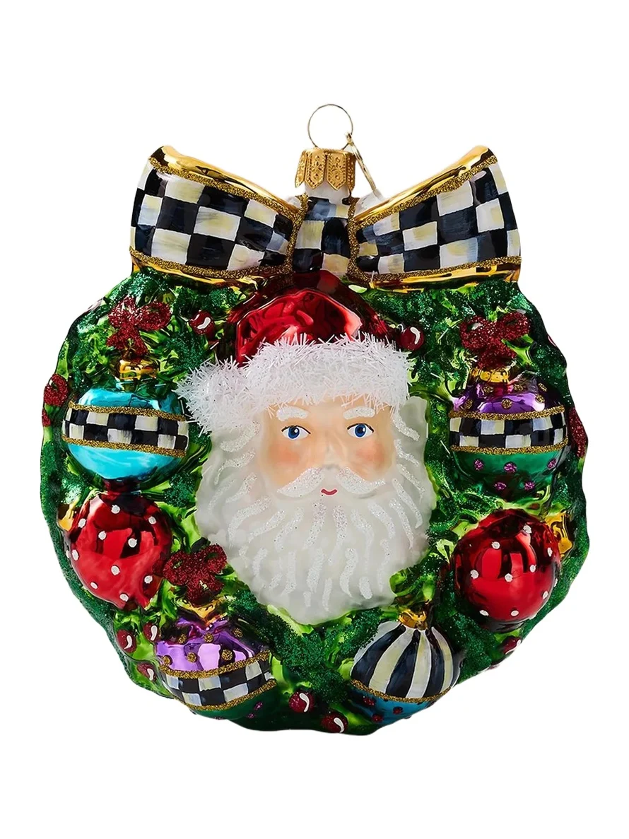 MacKenzie-Childs Merry Christmas Santa Wreath Glass Ornament