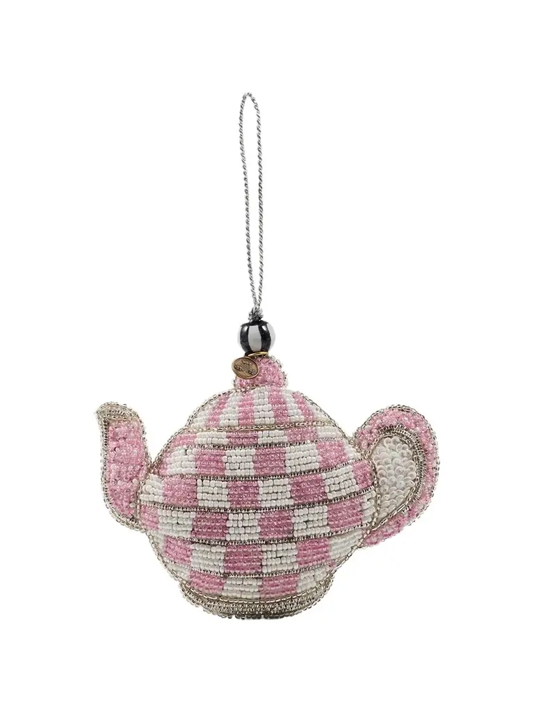 MacKenzie-Childs Rosy Check Beaded Teapot Ornament