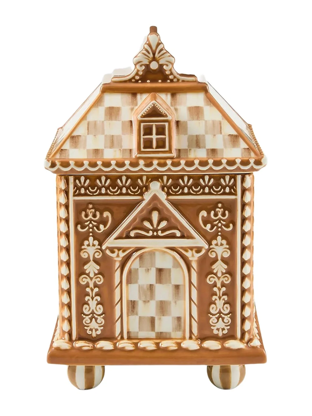 MacKenzie-Childs Mocha Check Ceramic Gingerbread House Cookie Jar