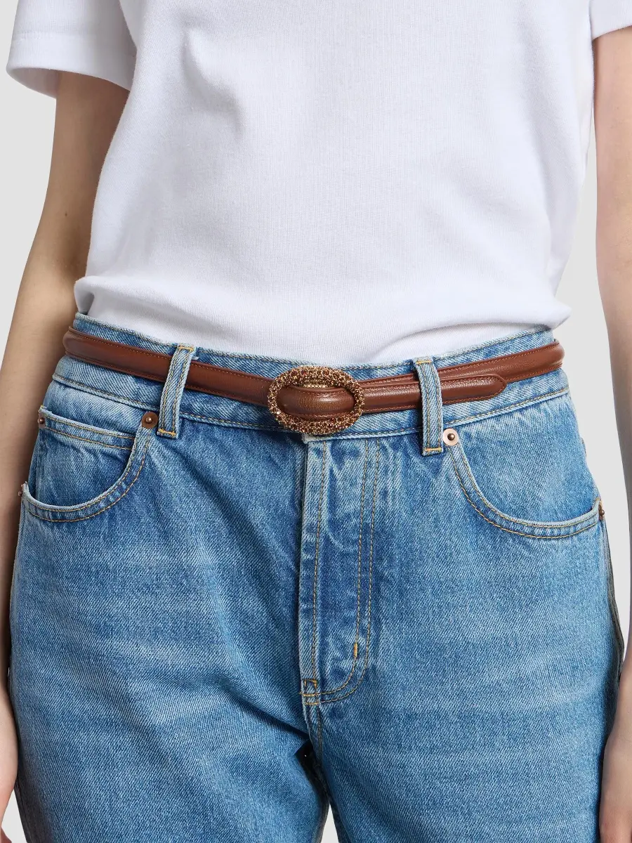 Saint Laurent Women's Oval Buckle Thin Belt in Smooth Leather and Crystals - Dark Wet Clay | Thumbnail 2