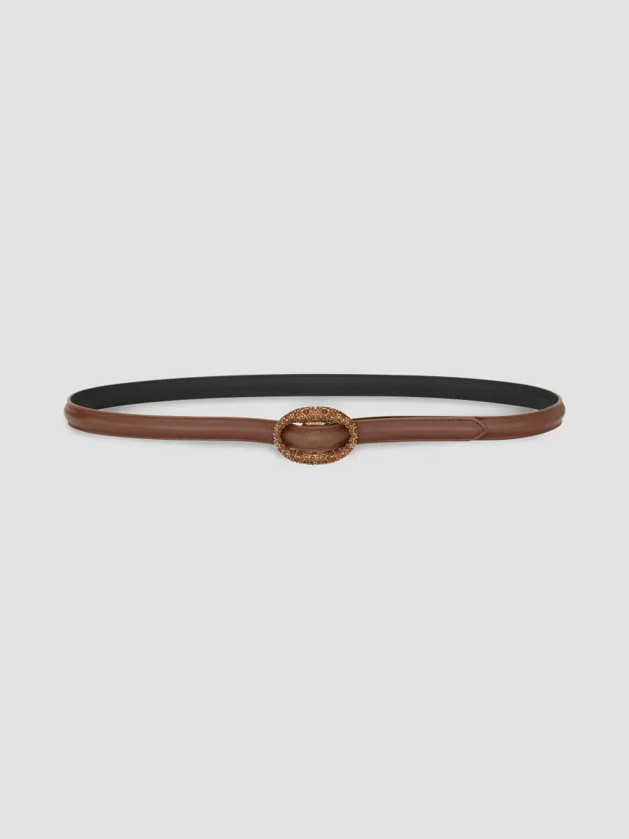 Saint Laurent Women's Oval Buckle Thin Belt in Smooth Leather and Crystals - Dark Wet Clay | Thumbnail 3