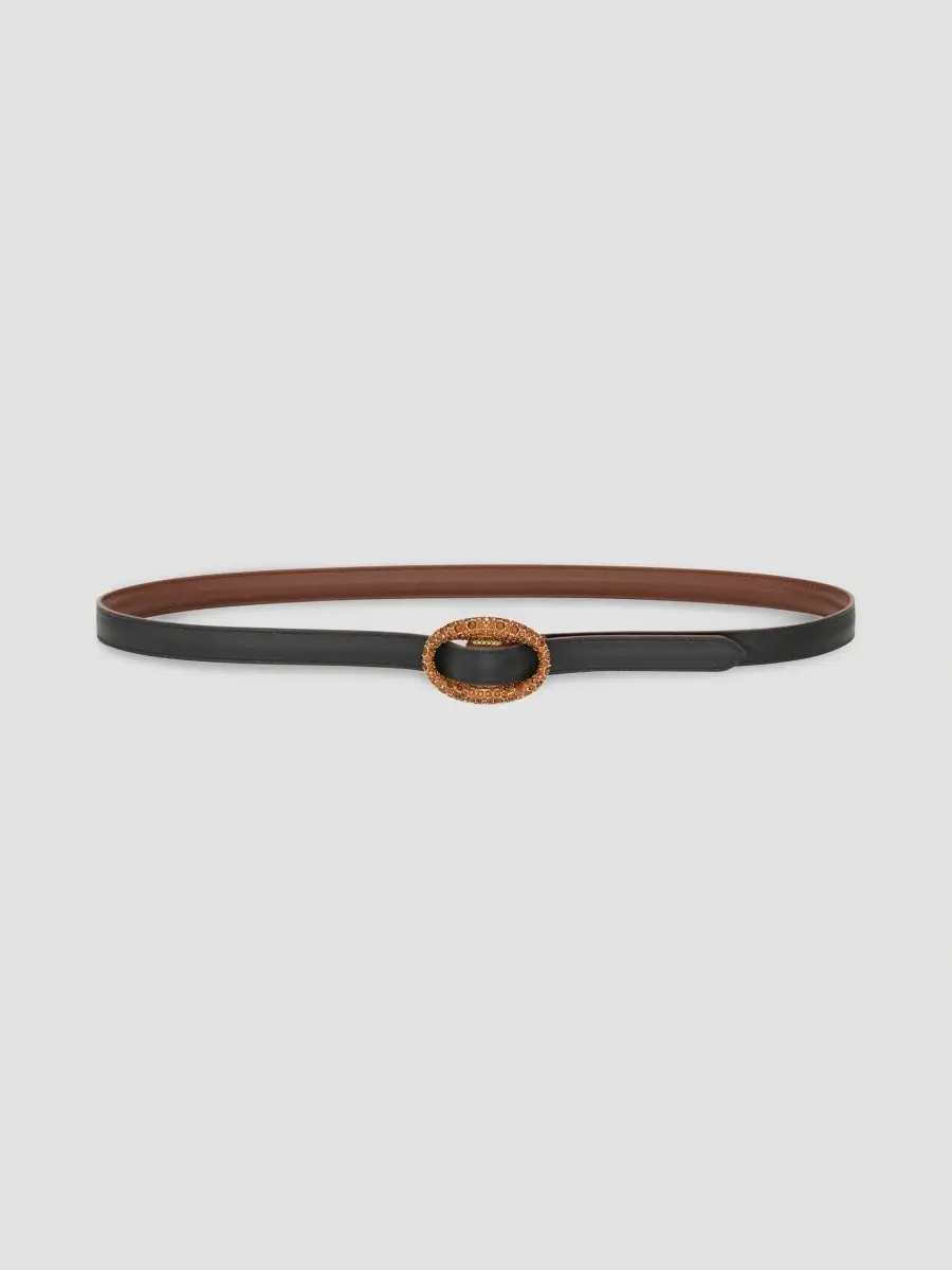 Saint Laurent Women's Oval Buckle Thin Belt in Smooth Leather and Crystals - Dark Wet Clay | Thumbnail 4