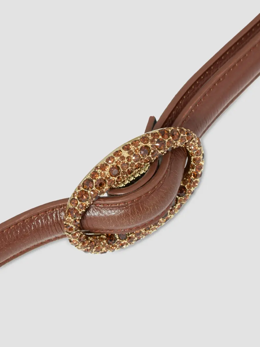 Saint Laurent Women's Oval Buckle Thin Belt in Smooth Leather and Crystals - Dark Wet Clay | Thumbnail 5