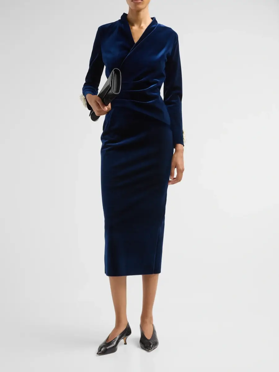 Chiara Boni La Petite Robe Women's Medey Ruched Velvet V-Neck Midi Dress | Thumbnail 2 Chiara Boni La Petite Robe Women's Medey Ruched Velvet V-Neck Midi Dress | Thumbnail 2