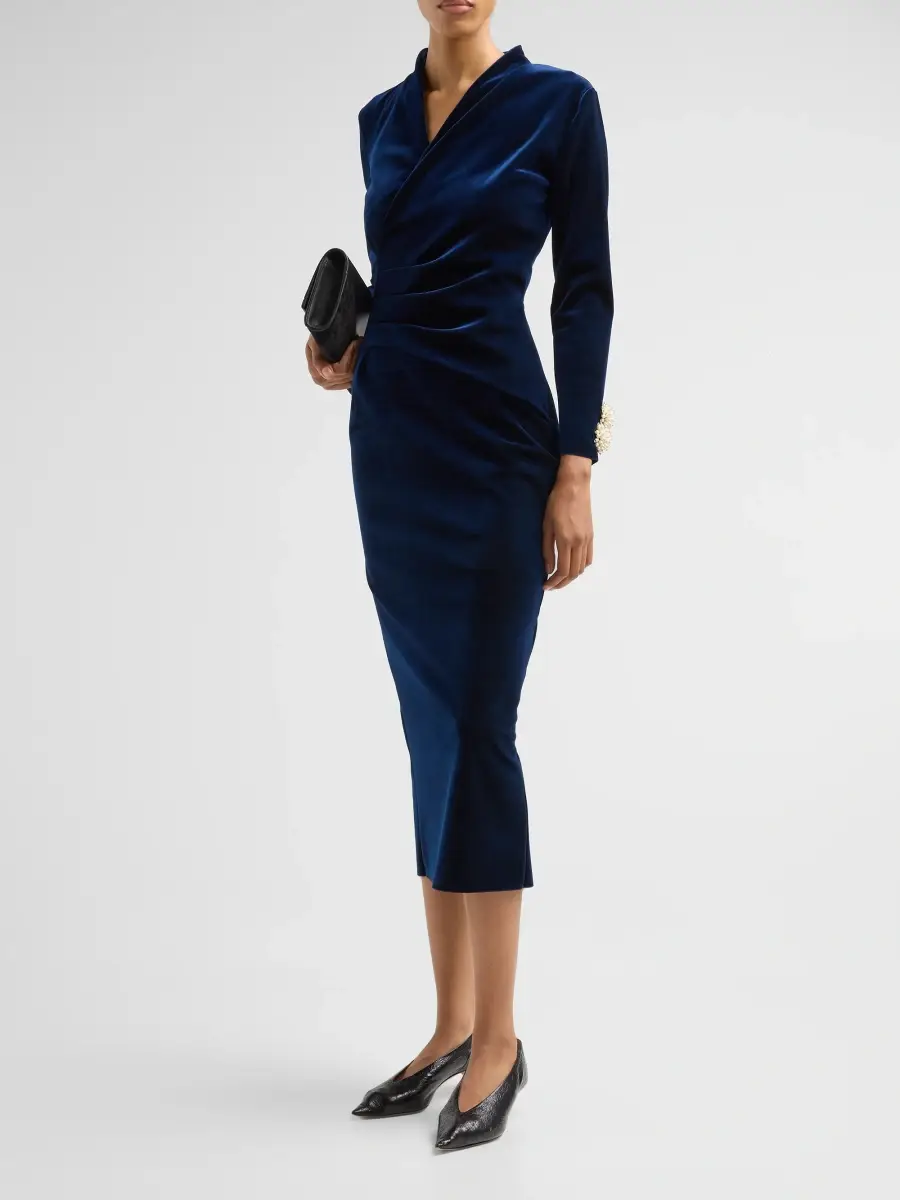 Chiara Boni La Petite Robe Women's Medey Ruched Velvet V-Neck Midi Dress | Thumbnail 4 Chiara Boni La Petite Robe Women's Medey Ruched Velvet V-Neck Midi Dress | Thumbnail 4