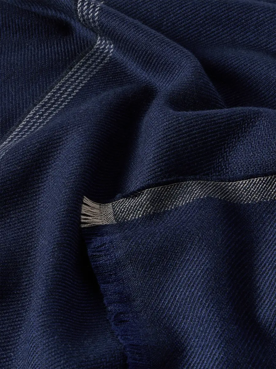 Brunello Cucinelli Men's Wool and Cashmere Diagonal Scarf with Striped Edge - Blue | Thumbnail 3 Brunello Cucinelli Men's Wool and Cashmere Diagonal Scarf with Striped Edge - Blue | Thumbnail 3