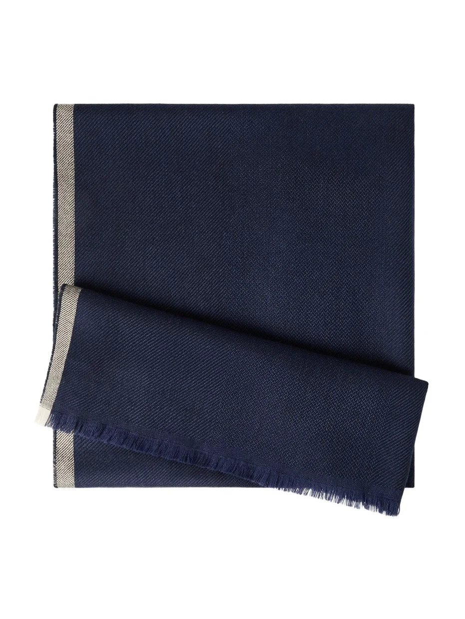Men's Wool and Cashmere Diagonal Scarf with Striped Edge - Blue Men's Wool and Cashmere Diagonal Scarf with Striped Edge - Blue