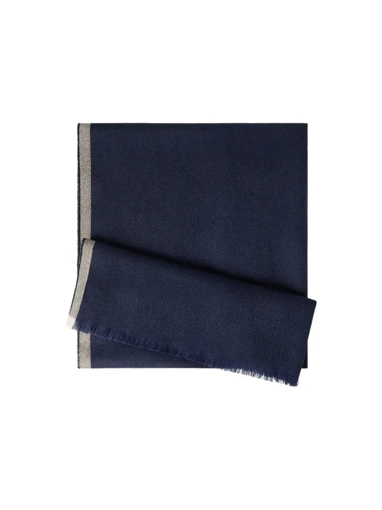 Brunello Cucinelli Men's Wool and Cashmere Diagonal Scarf with Striped Edge - Blue