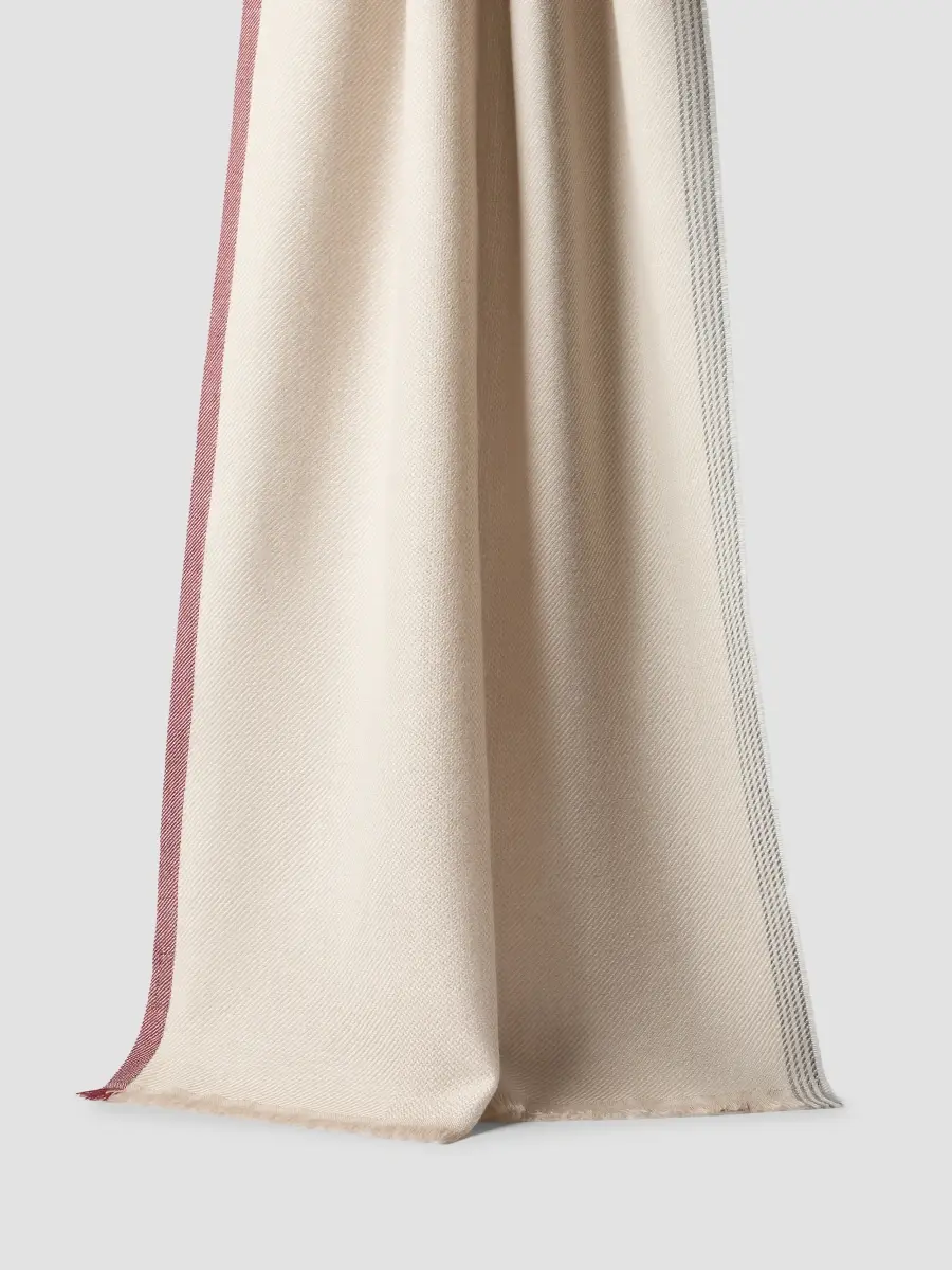 Brunello Cucinelli Men's Wool and Cashmere Diagonal Scarf with Striped Edge - Sand | Thumbnail 2 Brunello Cucinelli Men's Wool and Cashmere Diagonal Scarf with Striped Edge - Sand | Thumbnail 2
