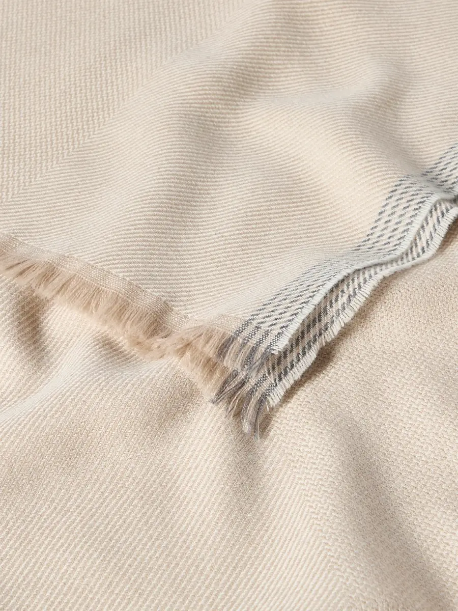 Brunello Cucinelli Men's Wool and Cashmere Diagonal Scarf with Striped Edge - Sand | Thumbnail 3 Brunello Cucinelli Men's Wool and Cashmere Diagonal Scarf with Striped Edge - Sand | Thumbnail 3