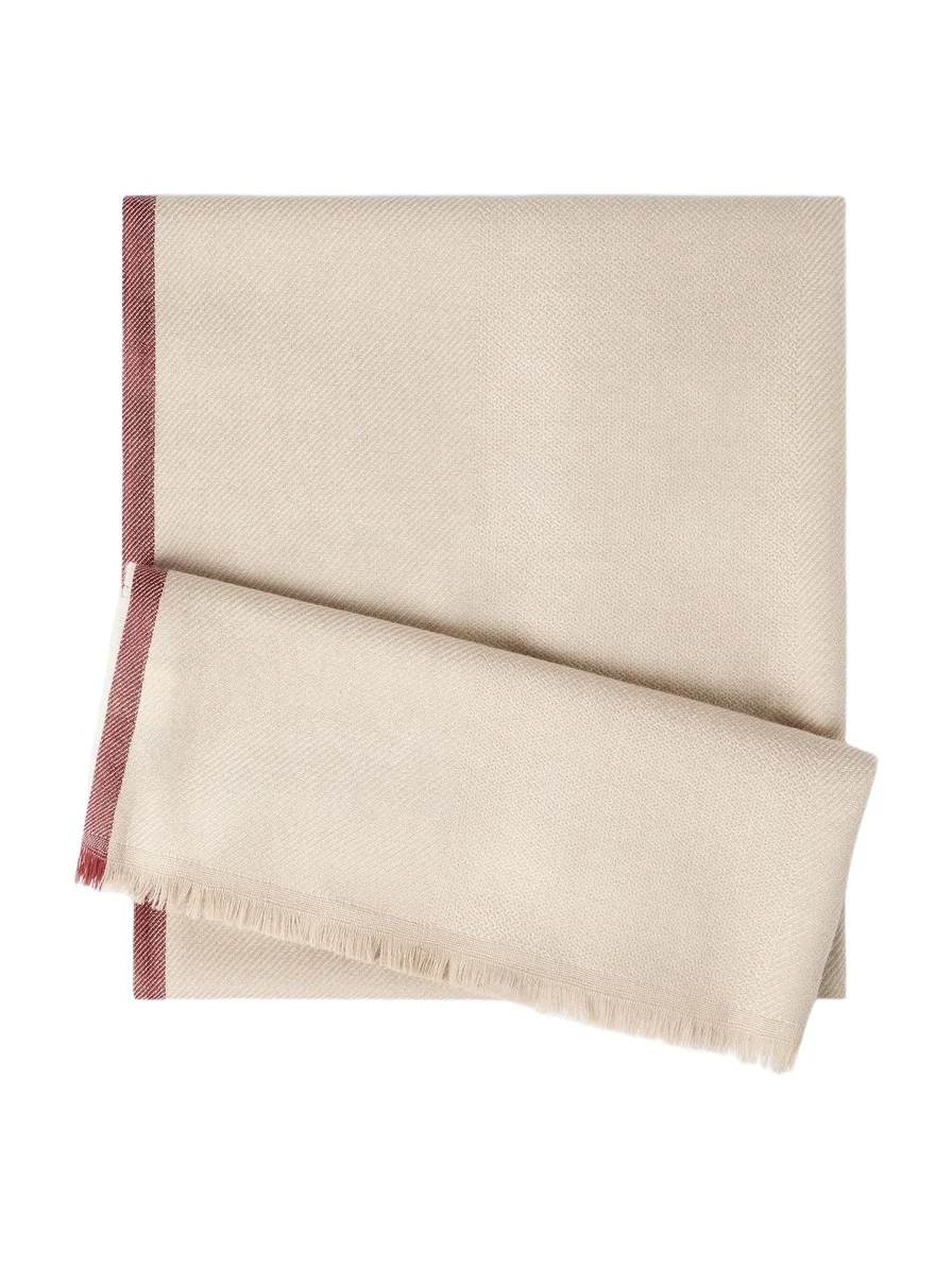 Men's Wool and Cashmere Diagonal Scarf with Striped Edge - Sand Men's Wool and Cashmere Diagonal Scarf with Striped Edge - Sand