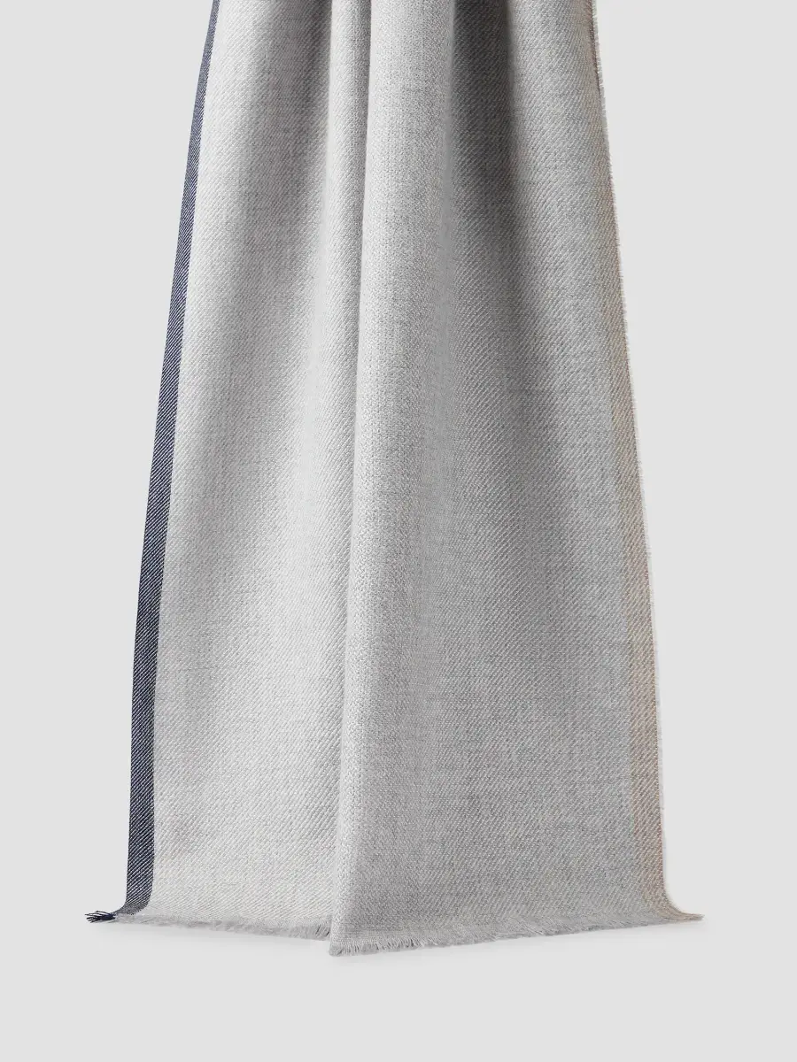 Brunello Cucinelli Men's Wool and Cashmere Diagonal Scarf with Striped Edge - Pearl Grey | Thumbnail 2 Brunello Cucinelli Men's Wool and Cashmere Diagonal Scarf with Striped Edge - Pearl Grey | Thumbnail 2