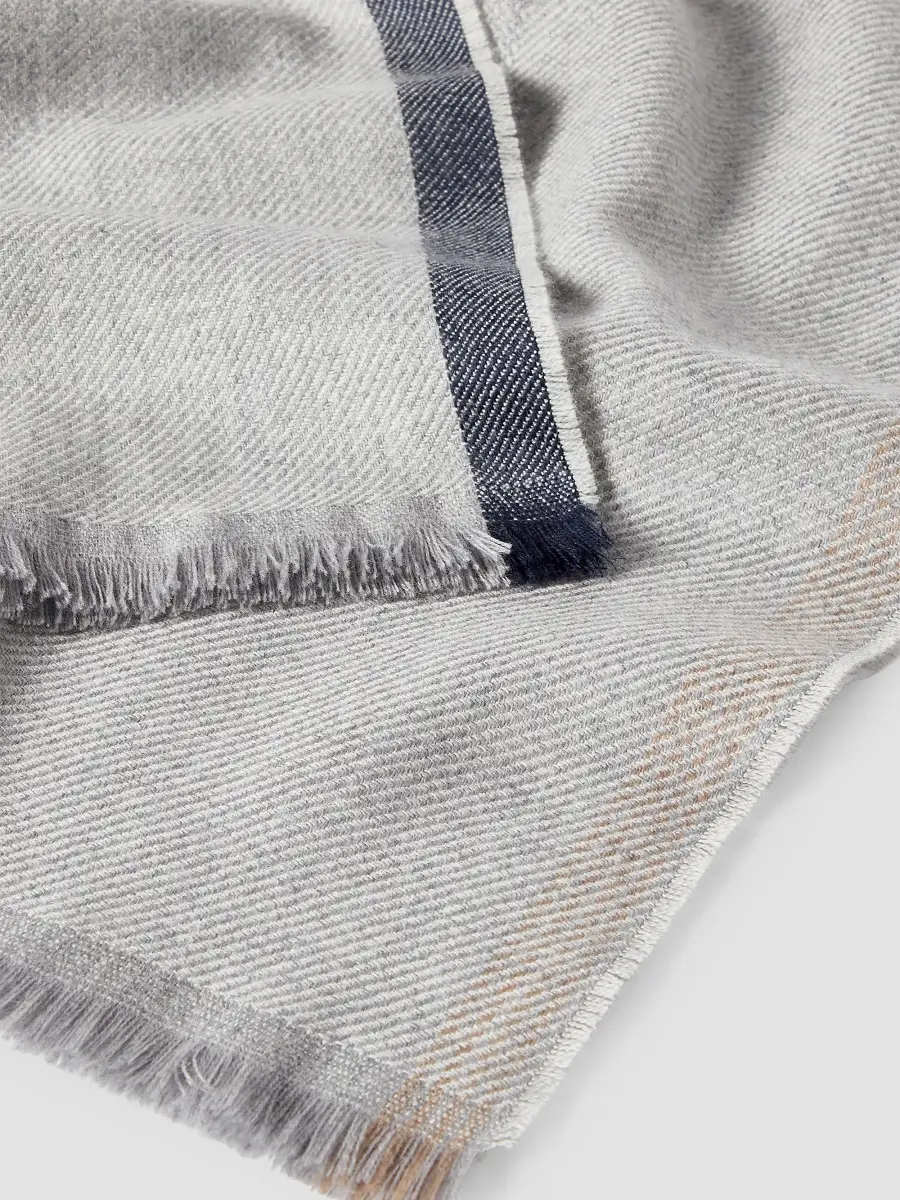 Brunello Cucinelli Men's Wool and Cashmere Diagonal Scarf with Striped Edge - Pearl Grey | Thumbnail 3 Brunello Cucinelli Men's Wool and Cashmere Diagonal Scarf with Striped Edge - Pearl Grey | Thumbnail 3