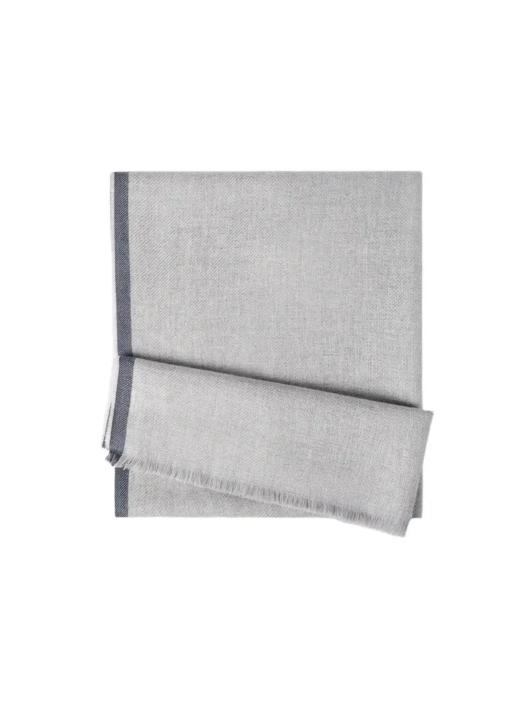 Brunello Cucinelli Men's Wool and Cashmere Diagonal Scarf with Striped Edge - Pearl Grey