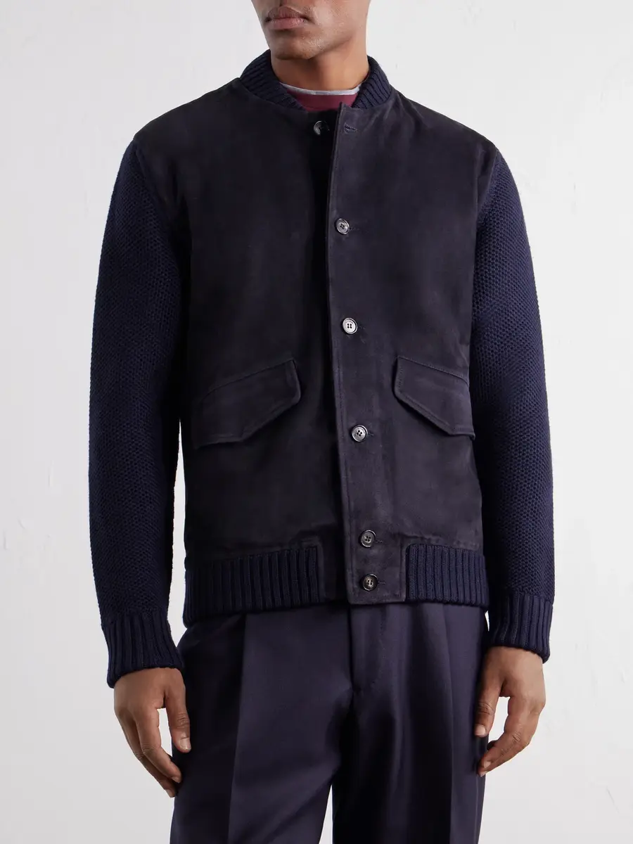 Slowear Zanone Slim-Fit Suede and Honeycomb-Knit Virgin Wool Bomber Jacket - Men | Thumbnail 3 Slowear Zanone Slim-Fit Suede and Honeycomb-Knit Virgin Wool Bomber Jacket - Men | Thumbnail 3